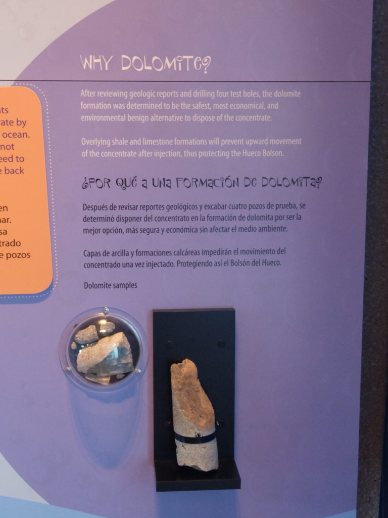 Picture of dolomite rock core with the caption, "Why dolomite? After reviewing geologic reports and drilling four test holes, the dolomite formation was determined to be the safest, most economical, and environmental benign alternative to dispose of the concentrate. Overlying shale and limestone formations will prevent upward movement of the concentrate after injection, thus protecting the Hueco Bolson."